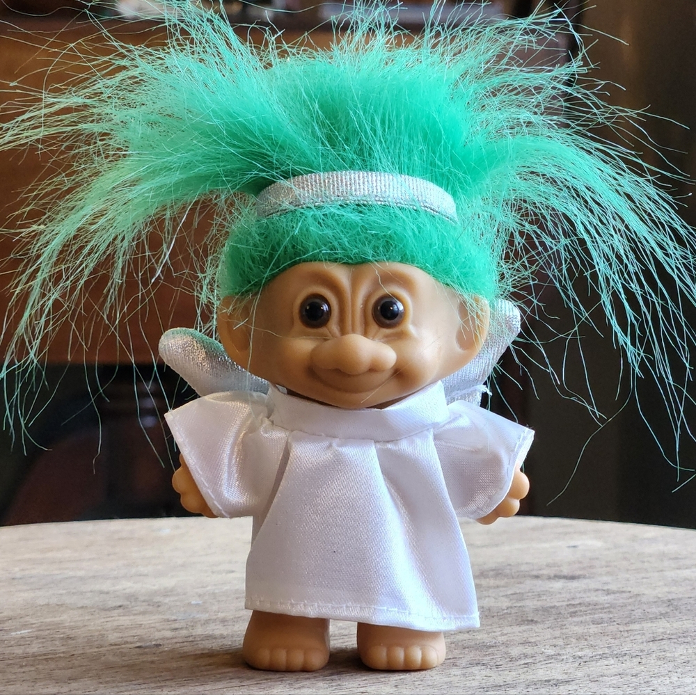 Vintage 1980s Russ Angel Troll Doll Green Hair White Gown Dress Halo
